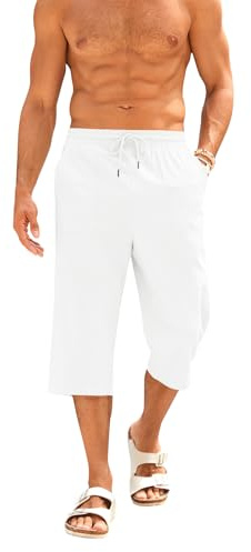Runcati Short Homme Coton Lin Bermuda 3/4 Longueur Pantalon d'Été Yoga Jogging Décontracté Sweatpants Short de Sport Pantalon de Loisirs Sweatshorts Pantalon Homme avec Poches, Blanc., L