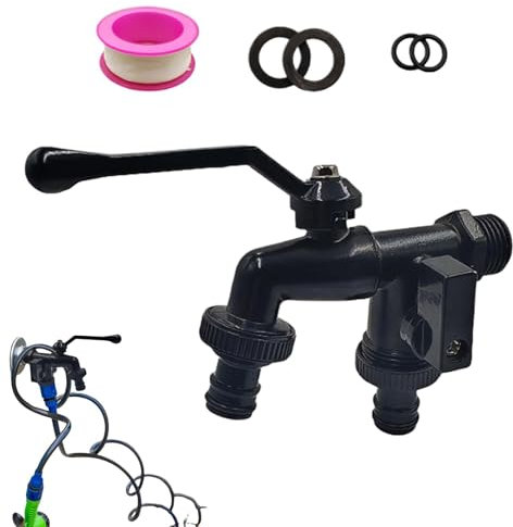 Acunny Robinet de jardin à double sortie - Robinet d'eau extérieur en laiton noir résistant à la rouille avec double sortie et montage mural