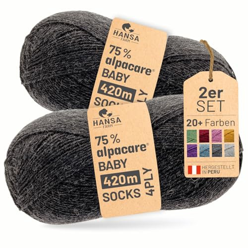 HANSA-FARM |alpacare 75% waschbare Baby Alpaka Socks 224g Set (2 x 112g) Sockenwolle kratzfreie Wolle zum Stricken & Häkeln - NFA14 Anthrazit