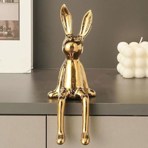 GUSHE Brass Sitting Bunny, Sitting Bunny for Shelf, Sitzende Hasenskulptur, Keramik Osterhase Figur, Sitzender Hase Beflockt, Sitzender Hase Deko, Osternhase Deko für Wohnzimmer Bücherregal (Gold)
