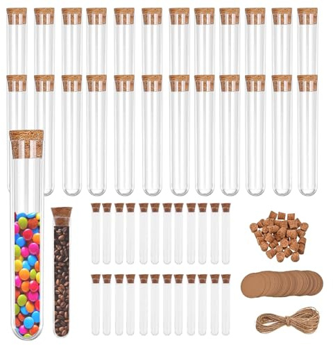 15×150mm+12×75mm 50 Stück Reagenzgläser mit Korken: 5+15ml Reagenzglas Kunststoff, mit 100 Kraftpapieranhänger+100 Hanfseil, für Blumen, DIY Craft Candy, Spices, mit Korken, Reagenzglas Kunststoff
