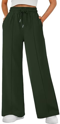 Friptspyg Pantalones de Chándal de Mujer Cintura Elástica para Mujer Piernas Anchas Casuales Pantalones de Entrenamiento con Bolsillos，Verde Militar XL