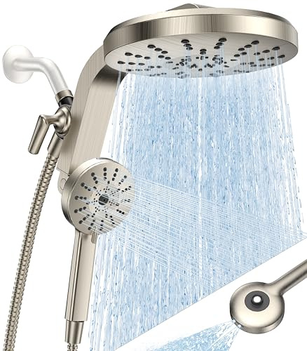 High Pressure Rain Showerhead Combo, Magnetic Shower Head Set with Detachable 8-Mode Handheld Shower Spray, Adjustable Angle Dual Showerhead with Built-in Magnetic Docking, Power Jets Brushed Nickel