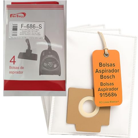 RO Linea Blanca ® Bolsa Saco Aspirador Sintetico Compatible con Bosch Siemens Ufesa Karcher Severin Ref 915686 Pack 4 Unidades Recambio Universal Alta Filtracion Antiacaros Antipolen Hogar Casa