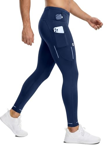Clbort Men's Running Tights with 6 Pockets Workout Compression Running Pants for Men Reflective Leggings for Gym Athletic Blue
