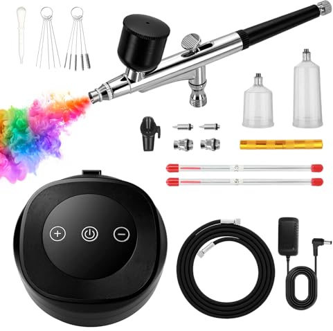 Ykall Kit de Aerógrafo Profesional con Compresor, Presión Ajustable 28/38/48 PSI, Boquillas 0.2/0.3/0.5 mm, Ideal para Uñas, Maquillaje, Pasteles, Tatuajes, Modelismo y Arte DIY (Negro)
