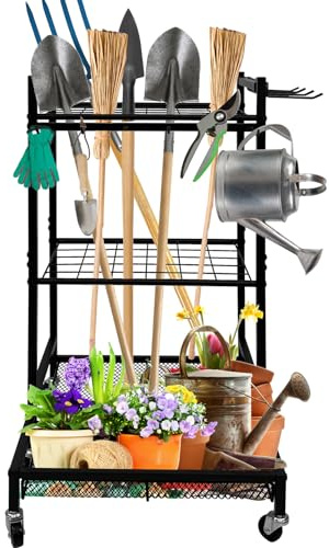 EVGTTI Gartenwerkzeug-Organizer mit Rollen, Kohlenstoffstahl Aufbewahrungsregal für Gartengeräte, Mehrzweck Gartengerätehalter für Garage, Werkstatt und Schuppen, 3-stufig Metall Tool Stand Halter