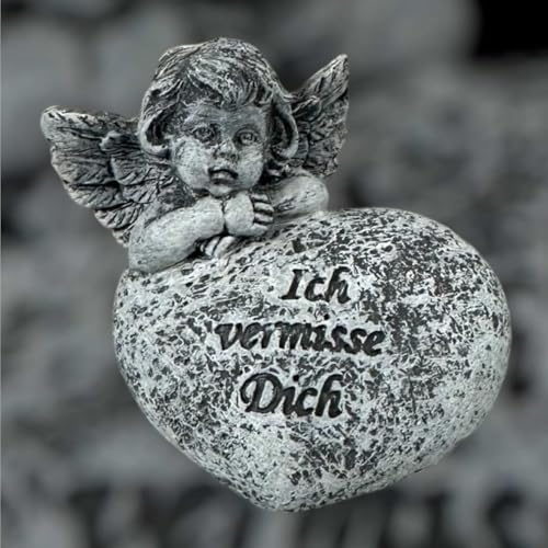 eberin365 GRABWELT – Grabengel mit Herzasche 5x4,5 cm – Grau Antik Grabdeko Engel – Engelsflügel, Trauerspruch 'Ich vermisse Dich'