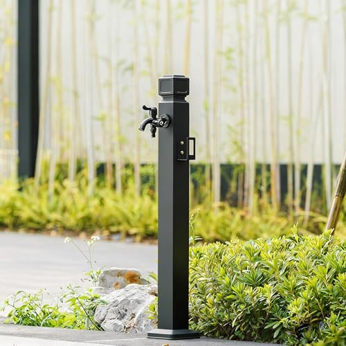 Moderner Säulenbrunnen für den Außenbereich mit Doppelauslasshahn und flexibler Schlauchstütze für Garten, Haus, Hof – Antigelo (A, lang)
