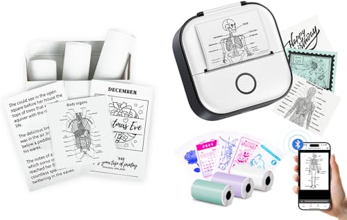 Schwarz T02 Mini Drucker Mini Thermodrucker Aufkleberdrucker Kombination mit Selbstklebendes Thermopapier (4 Weißes + 1 Lila +1 Grün), 50mm x 3,5m für Journal, Fotos, Texte, Studiennotizen, Tagebüch