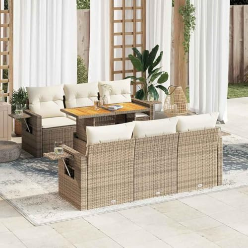 Frdhee Muebles de exterior Balcón Lounge Set de muebles de balcón Conjunto de asientos, 7 piezas. Juego de sofá de jardín con cojín de ratán de poli beige, grupo de asientos para jardín, terraza y