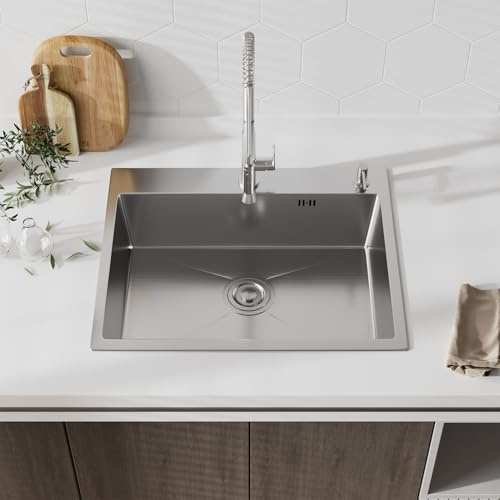 Évier Cuisine 1 Bac 50 x 45 cm, STANEW Évier Encastrable, Trous pour Robinets et Distributeur de Savon, Argent
