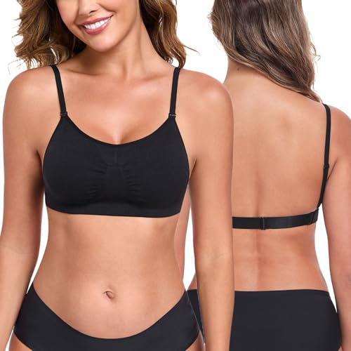 HACI Dance Bras for Women Backless Low Cut Wireless Seamless Ballet Clear Convertible Strap Padded(Black,Medium)