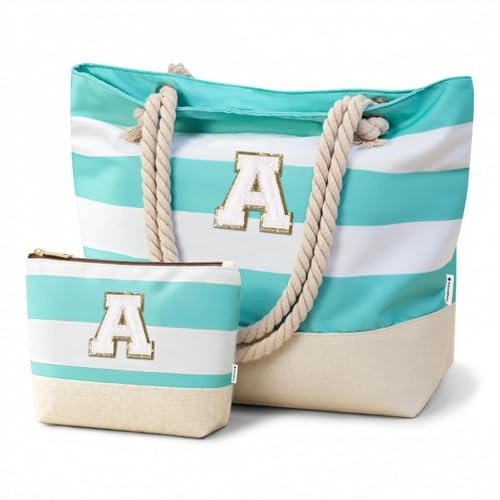 Vavabox Sac de Plage Initiale Femme, Cadeau Anniversaire Femme Maman | Sac de bain avec lettre et trousse de maquillage, pliable, avec compartiments et fermeture éclair, étanche, pour natation
