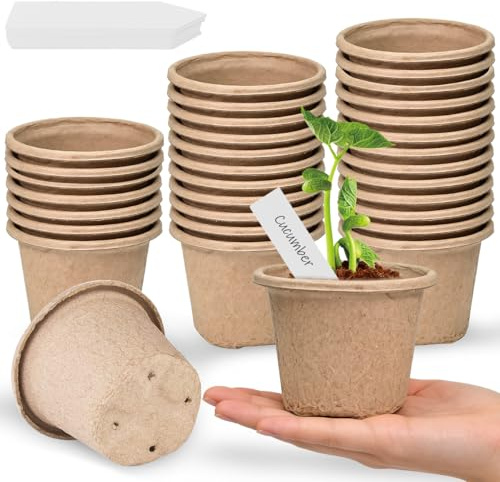 HHDESHSL 30 Piezas 11cm Macetas de Semilleros Biodegradables, Macetas Redondas con 30pcs Etiquetas de Plantas, Semilleros de Germinacion Macetas de Turba para Germinacion Plántulas y Trasplantes