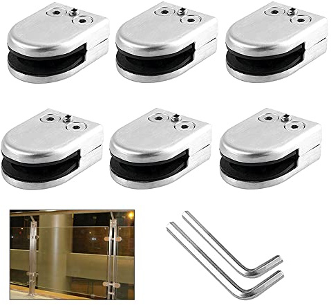 QitinDasen 6 Stück 8～10 mm (M Größe) Edelstahl Glasklemmen, 304 Edelstahl Glashalter, Einstellbare Glasklemme Halterung Flacher Rückseite, für Treppe Balustrade Handlauf (Silber)