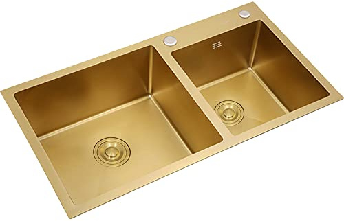 Gold Kitchen Sink, Double Bowl Bar Sink, 304 Stainless Steel Nano-Coated, with Gold Sink Stopper and Drain Strainer, Drop-In or Undermount, 29.5” x15.7”