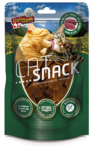 DeliBest Cat Snack aus 100% Schweizer Hirschfleisch I Katzen Leckerlies getreidefrei I halbfeuchte Leckerlies leicht verdaulich I Katzen Snack für Fellglanz I Allergiker geeignet I 45g