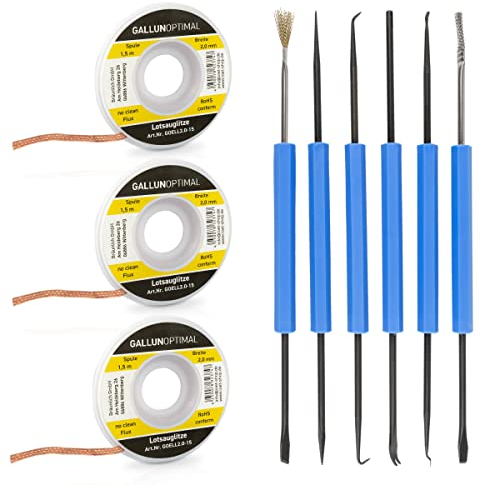 GALLUNoptimal Lötbesteck-Set 6-teiliges Lötwerkzeug + 3 Entlötlitzen flussmittelgetränkt 2 mm breit