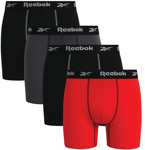 Reebok Mens Boxer Briefs - 4 Pack Stretch Performance 6 Inseam Moisture Wicking Mens Underwear Boxers with Contour Pouch, Size Medium, Black/Red/Grey