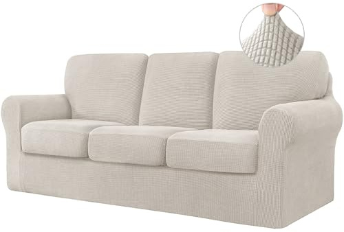 BXFUL Stretch Sofa Cover with Separate Backrests Covers and Seat Cushions, Sofa Slipcover Anti-Slip with Elastic Band, Jacquard Fabric Furniture Protector (3 Seater(185-235cm),Beige)