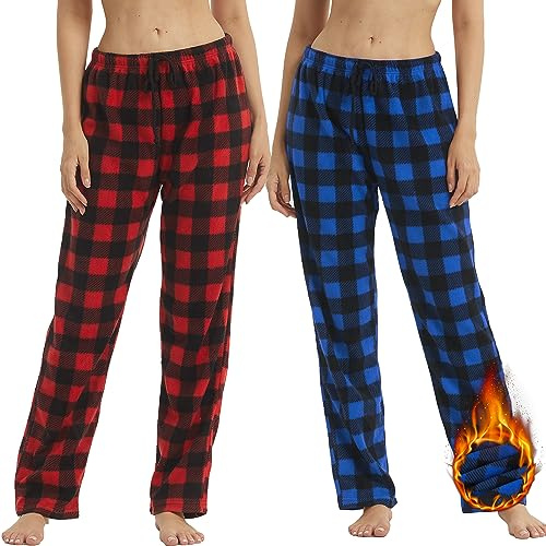 YUSHOW 1-2er Pack Damen Karierte Schlafanzughose Fleece Winter Weich Pyjamahose Lang für Frauen Schlafhose Freizeithose Pyjama Hose