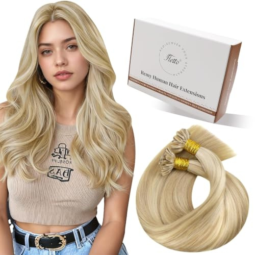 Hetto Extensions Bondings, Mittelblond & Hellblonden Highlights, 50cm | 50 Strähnen 50g 100% Remy Haar, Invisible Keratinspitze in U-Form, thermische Fixierung, keine Schäden, Natürlicher Look