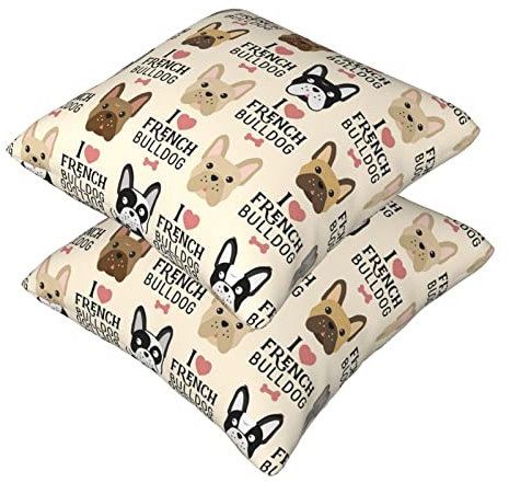 Französische Bulldogge, 2 Stück, quadratische Kissenbezüge, superweicher Kissenschutz mit Reißverschluss für Couch, Wohnzimmer, Sofa, Bett, Büro, Auto, 40 x 40 cm