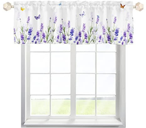 One Lover Lavendel Schmetterling Scheibengardine Bistrogardine mit Stangendurchzug Kurz Stores Schals Landhaus Küchenvorhang für Wohnzimmer Landhaus Multicolor 137x45cm,2 Stück