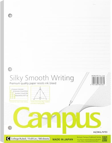 ​​KOKUYO Campus Loose Leaf Paper for 3 Ring Binders, 11 x 8-1/4, College Ruled, 100 Sheets, Premium Quality Paper Resists Ink Bleed, Made in Japan (WSG-NO-887G1)