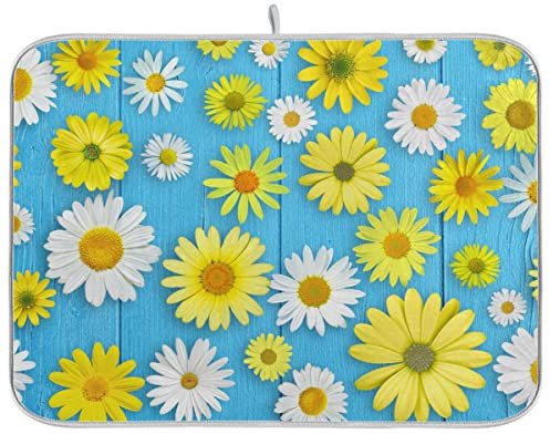 Absorbent Dish Drying Mat for Kitchen Counter - Small Daisies on Wooden Board Microfiber Drying Pad, Reversible Drainer Mats for Countertop, Small 18 x 24 inch