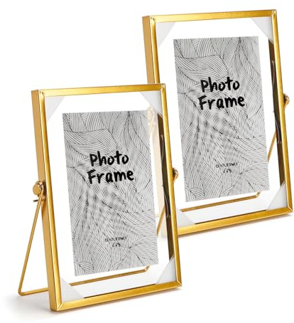 SWAWIS 2x Cornice per Foto in Piedi in Vetro A5, 15 * 20cm Portafoto in Metallo Oro Retrò, Cornici per DIY Regalo Decorazione, Rotazione dell'Angolo 40°