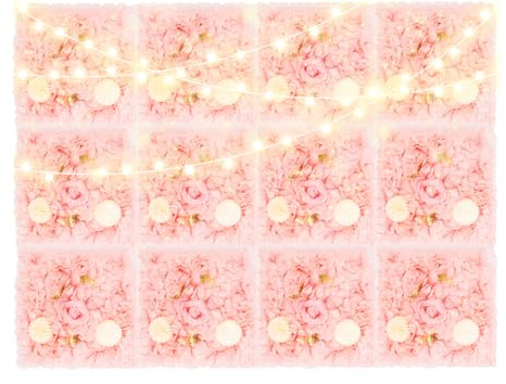 MooBeey 12 Stück Künstliche Blumen Wand aus Kunststoff und Seidengewebe, 3D Künstliche Blumen-Wandpaneel Rosen Deko Blumen, 38 x 38 cm Rosa Blumen Wand Dekor für Dekoration Hochzeit Party (5K)