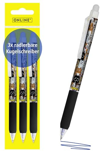 Online magiXX, 3x Radierstift Katzen I Gelschreiber blau radierbar mit 0,7mm Strichstärke I Tintenroller zum Schreibenlernen, Büro I Erasable Pen Set I Radierbarer Kugelschreiber Schüler