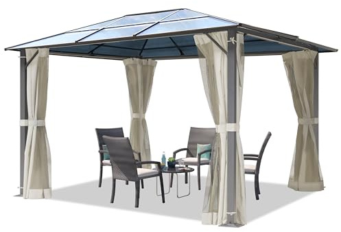 TOOLPORT Garden gazebo 3x3.65 m polycarbonate roof approx. 6 mm - hardtop pavilion with 4 sides & mosquito nets in cream