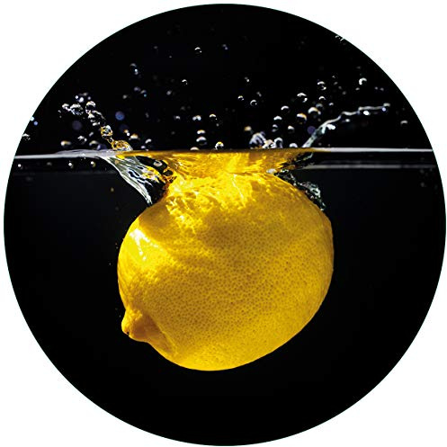 Wallario Glasbild rund Zitrone im Wasser - Frisches Obst für die Küche - Rund, 50 cm Durchmesser Wandbild Glas in Premium-Qualität: Brillante Farben, freischwebende Optik