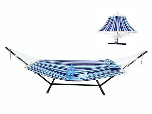 Gesteppte Doppelhängematte, Metallgestell, Doppelter Befestigungsquerbalken | Kippschutz-Technik, sicher und stabil, für Innen, Außen und Terrasse, zweiseitig nutzbar Blau