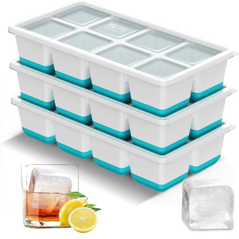 VEHHE Ice Cube Tray with Lid, Large Ice Cube Moulds for 24 Ice Cubes, Flexible Silicone Ice Cube Tray Easy Release, 3pcs Easy Stack Reusable Ice Trays for Freezer, for Whisky, Cocktails, Drinks