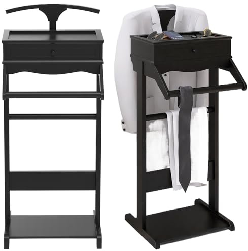 Wood Mens Valet Stand,Freestanding Suit Stand&Clothes Butler Valet Stand with Hanger,Tie&Belt Hooks,Shoe Rack,Storage Organizer for Keys,Watches,Wallet,Jewelry in Entrance,Bedroom (Style2, Black)