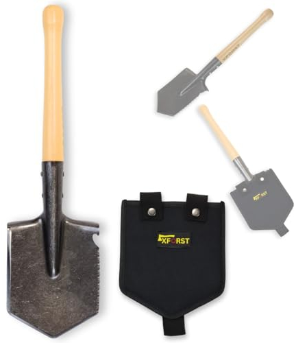 Xforst FS1 Feldspaten mit Holzstiel und Tasche – Robuster Spaten mit scharfem Stahlblatt und ergonomischem Holzgriff, Ideal für Outdoor, Camping und Survival