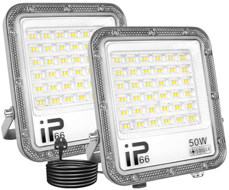 Willpower 2PCS Faretto LED Esterno 50W 5000LM, Faro LED con Spina, IP66 Impermeabile, 6000K Bianco Luce di Sicurezza Illuminazione per Garage Giardino Cortile Patio Piazza Officina | 2PCS Proiettore LED 5,000lm, Impermeabilità IP66, Luce per Giardino Garage Cortile Officina Patio Terrazza