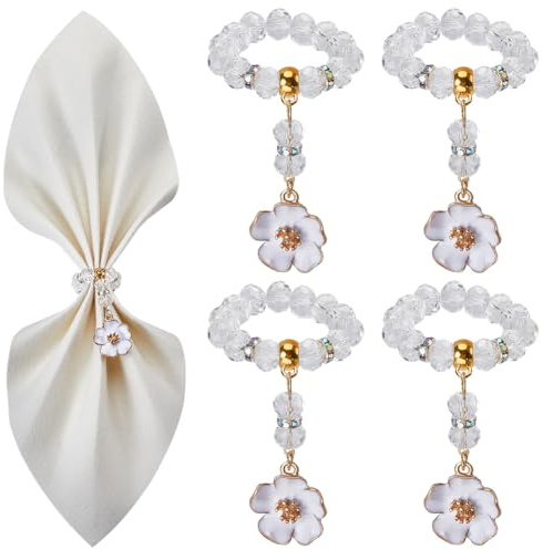 SUNNYCLUE 8 Set Serviettenhalter Mit Perlen Serviettenringe Feiertags Serviettenringe Serviettenhalterring Mit Glasperlen Weiße Blumen Serviettenringe Für Weihnachten Hochzeit Abendessen Tisch Bankett