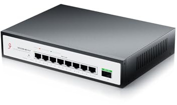 XikeStor Switch di rete gestibile PoE+ a 9 porte 2.5G, 8 2.5G PoE+ e 1 10G SFP+, ideale per telecamere di sicurezza AP, aggregazione VLAN, senza ventola, supporta installazione su scrivania e rack