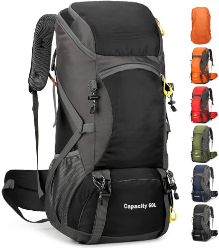 Wanderrucksack, wasserdicht, 50 l, faltbar, langlebig, leicht, Campingtasche mit Regenschutz for Camping, Trekking, Wandern, Spazierengehen, Radfahren, Klettern, Outdoor-Sportarten for Damen und Herre