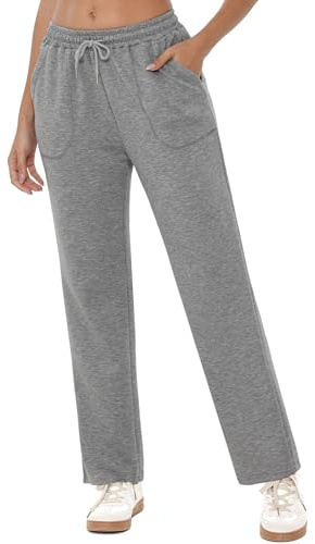 Crewhpo Pantalon Jogging Femme Jambe Large Taille Haute Élastique Poches | Matière Souple et Confortable, Coupe Large et Décontractée, Taille Haute Élastique, Pour Sport et Quotidien, à la Maison