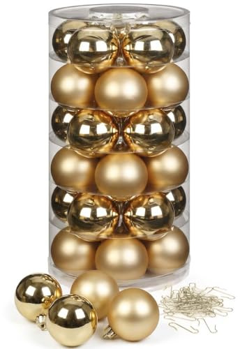 Inge Glas Weihnachtskugeln mit Haken | Schöne Christbaumkugeln aus Glas | Set 30 Kugeln und 40 Aufhänger | Christbaumschmuck Weihnachtsbaumkugeln (Brokatgold | Gold)