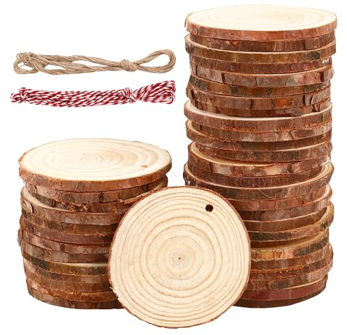 40 Pezzi Dischi Legno Grezzo 7-8cm，Dischetti Legno con fori，Fette di legno naturale con 2 fili di cotone，Legno Da Decorare non finiti，Perfetto per fai da te,artigianato,matrimoni,decorazioni natalizie