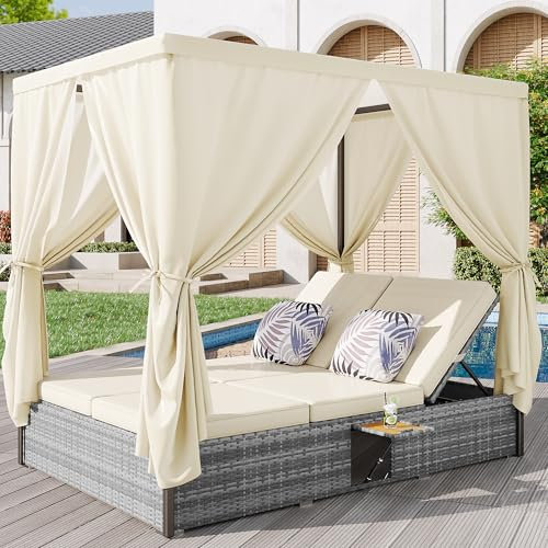 Merax Polyrattan Sonnenliege 2 Personen mit Schattenvorhang, verstellbare Sitzfläche, Gartenliege mit Kissen, Wetterfest Doppelliege Liegeinsel, Daybed für Pool, Terrasse, Gartenmöbel Set, Grau