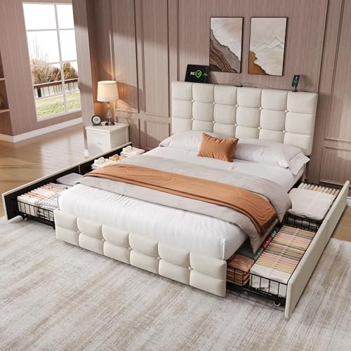 4ft6 Double Bed Frame Upholstered Platform Bed with 4 Storage Drawers & USB Type C Charging Ports & Adjustable Button Tufted Headboard, Velvet, Sturdy Metal-Wood Support, No Box Spring Needed, Beige