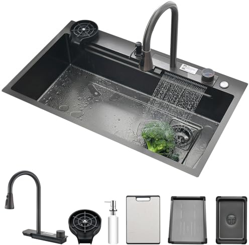 Nano Black Kitchen Single Bowl Sink Stainless Steel Waterfall Sink with Double button Pull-Out Tap,rain Basket,Cup washer, cutting board, vegetable washing basin (BLACK, 34X18)